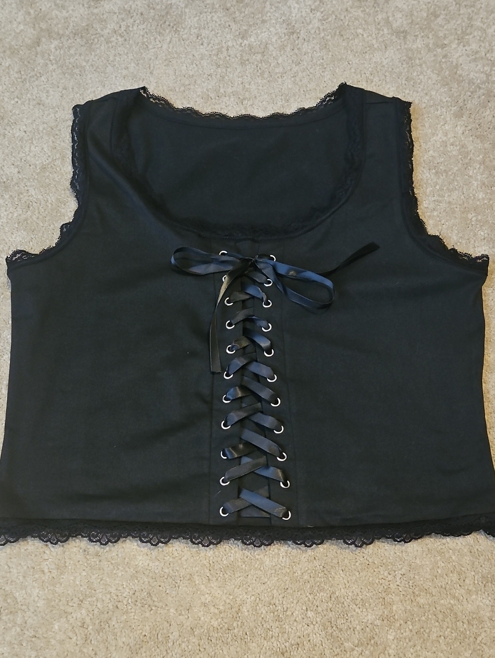 Lace-Trim Black Lace-Up Tank Top - Women's